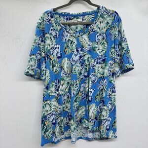 Chico's Seashell Print T-Shirt Size 3 XL Blue Cotton Modal Short Sleeve Tropical